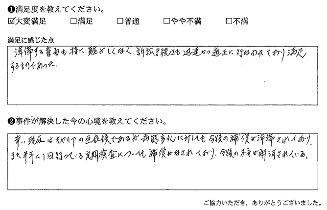 訴訟手続きも迅速かつ適正に行われており、満足するものであった