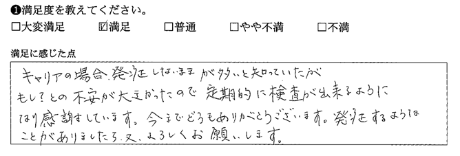 定期的に検査が出来るようになり感謝しています