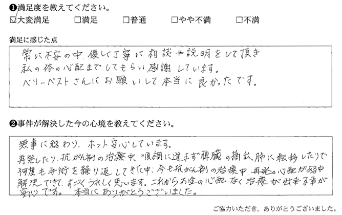 優しく丁寧に相談や説明をして頂き、私の体の心配までしてもらい感謝しています