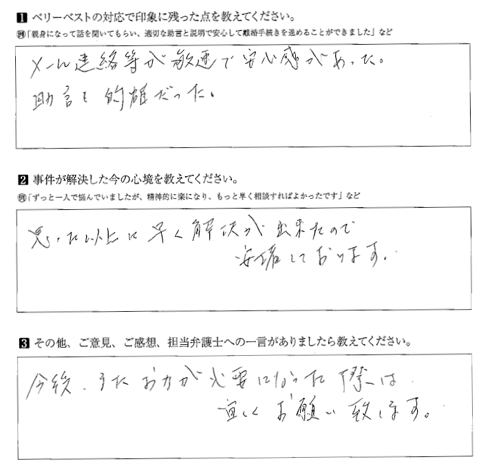 メール連絡等が敏速で安心感があった。助言も的確だった。